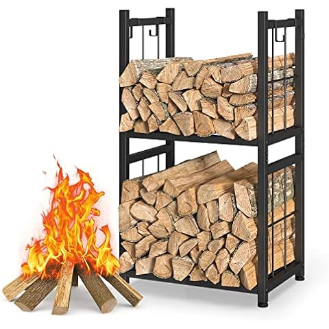 Firewood Rack Fireplace Tool Rack,Firewood Rack Outdoor,2 Tier Tall Sturdy Wood Holders Firewood Indoor with 4 Hooks,Stacking Rack for Wood Log Storage for Fireplaces,Fire Pits and Stoves (Black) Cover