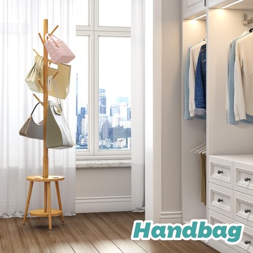 Vriccc Coat Rack Freestanding, Coat Rack with Umbrella Holder, Adjustable Height Wooden Coat Stand with 8 Hooks, Floor Standing Bamboo Wood Tree Stand - Thumbnail 6