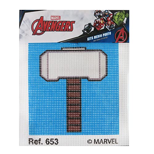 Haberdashery Online Kit medio punto con dibujos de Marvel. Punto de cruz manualidad DIY para niños, incluye cañamazo e hilos de colores según estampado. Lienzo de 18 x 15 cm. (Mjolnir-Thor)