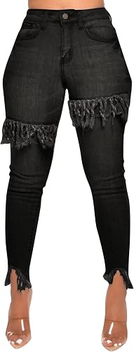 FairBeauty Women's Skinny Stretch Jeans Frayed Raw Hem Slim Fit Jeans Ripped Den