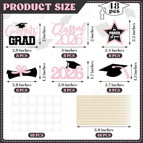 Image of 48 PCS Grad Cupcake Toppers, 6 Styles Graduation Cake Topper, Congrats Glittery Graduation Decorations 2026, Black and Pink Cap and Diploma Cake Picks for Grad Party Supplies