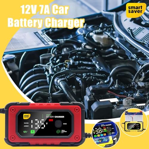Image of Smart Saver Car Battery Charger, 12V 7A Smart Battery Charger for Cars, Bikes, Trucks Batteries and Maintainer with Repair Mode Compatible with LiFePO4, SLA, Gel, AGM and Wet Cell Batteries