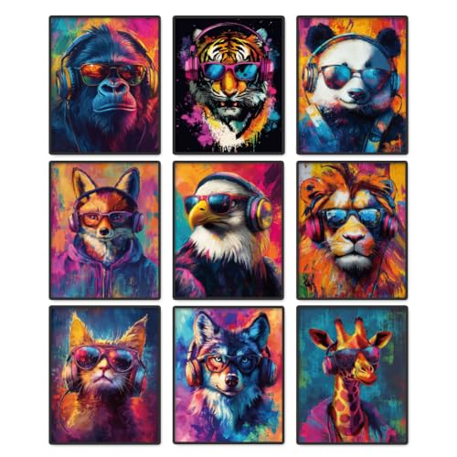 DOODLREAM Lot de 9 toiles murales imperméables sans cadre - Motif animaux graffitis colorés - 20,3 x 25,4 cm - Poster mural en toile pour décoration de...