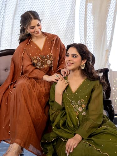 Image of Nermosa Women Embroidery Solid Anarkali Kurta and Pant Set with Dupatta