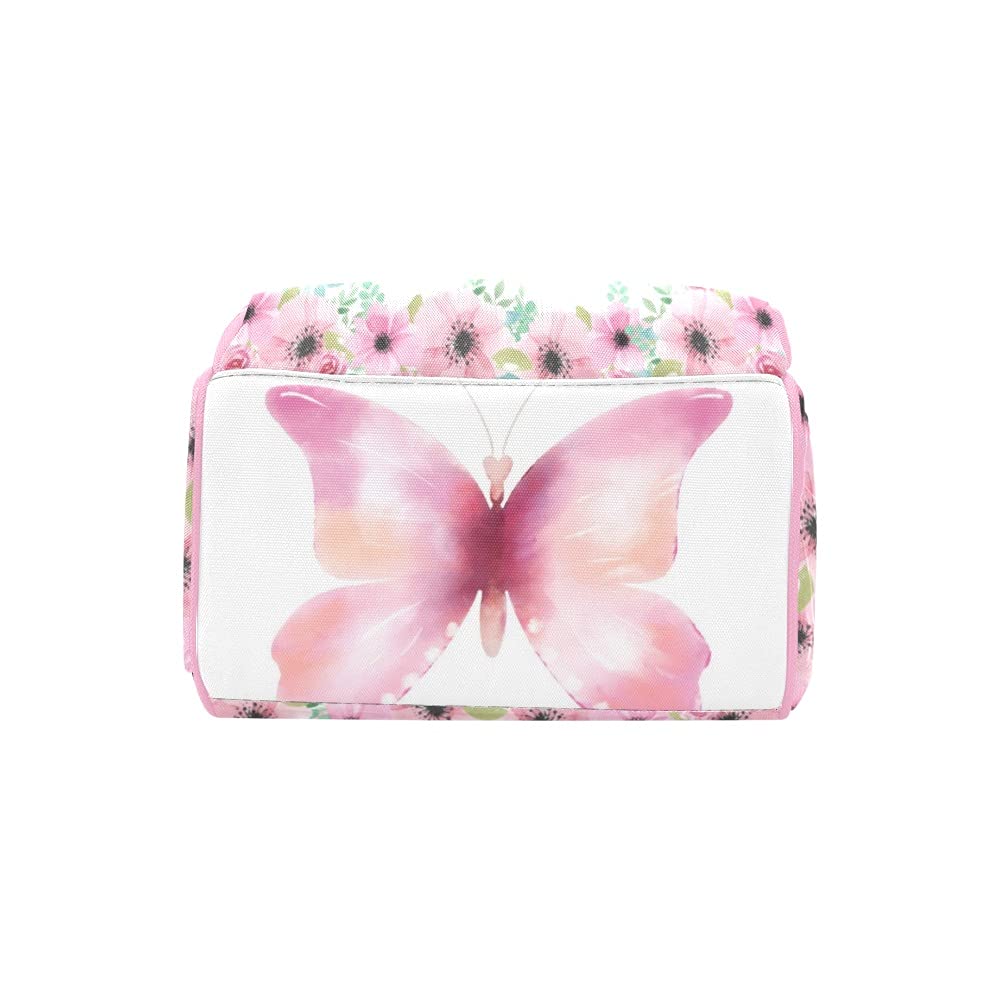 Floral Butterfly Pink Personalized Diaper Bag Backpack Tote with Name,Custom Travel Nappy Mommy for Baby Girl Boy Gift, 10.83 * 6.69* 15