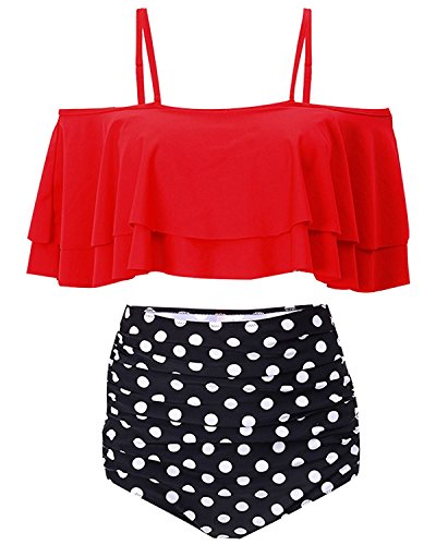 image for Tempt Me Women Red Two Piece Swimsuit High Waisted Bikini Off Shoulder