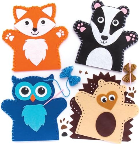 Baker Ross AR637 Woodland Animal Hand Puppet Sewing Kits - Pack of 4, Sewing Kits, Animal Puppets, Craft Projects, Hand Puppets