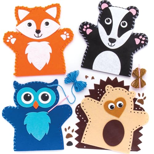 Baker Ross Handpuppen-Nähsets „Waldtiere“ für Kinder – für Bastelarbeiten und Dekorationen (4 Stück)