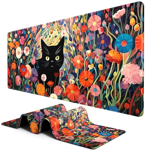 BOSOBO Large Mouse Pad, Desk Pad, XXL XL Extended Gaming Mouse Pad, Desk Mat for Office & Home, Long Keyboard Mat, Huge Mouse Pad, Desktop Full Cover 31.5 x 11.8 Inches, Orange Pink Flowers and Cat