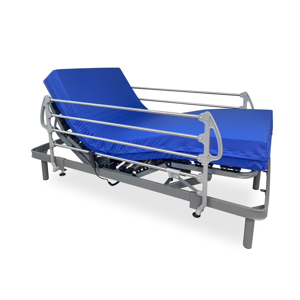 DUÉRMETE ONLINE - Pack Cama Eléctrica Articulada Reforzada Ergomedic Pro + Colchón Sanitario Viscoelástico Sanivisco + Barandillas INOX, 90x190