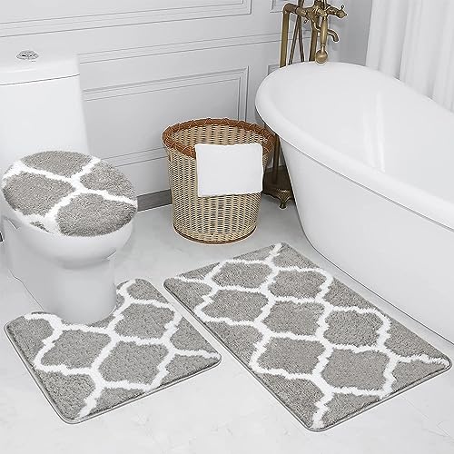 Badezimmer Teppich Set 3-teilig - Rutschfester Badteppich Grau