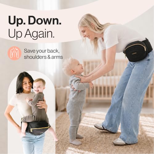 Image of Tushbaby Original Hip Seat Baby Carrier for Babies & Toddlers up to 45 lbs, Safety Certified, Lightweight No-Foam Design with Storage, Black & Gold