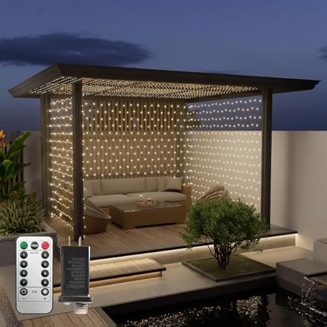 Leisure world 10ft x 10ft LED Net Lights Mesh Fairy String Decorative Outdoor Warm White 8 Modes Connectable 270 Net with Remote, Timer for Wedding Christmas Trees, Bushes, Garden, Outdoor Decorations