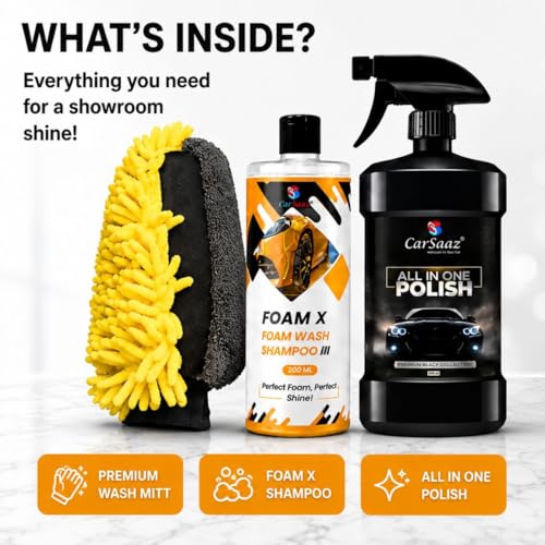 Image of CAR SAAZ Complete Car Care Combo Pack Including Foam X High Foam Car Wash Shampoo, Instant Shine All in One Polish Spray and Scratch-Free Microfiber Wash Mitt for Interior & Exterior Cleaning