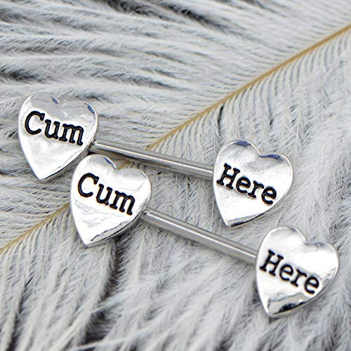 Oufer 2Pcs 14G Stainless Steel Nipplerings Barbell Heart With Carved Cum Here Nipple Rings Piercing For Women Men In Body Piercing Jewelry #TOP5