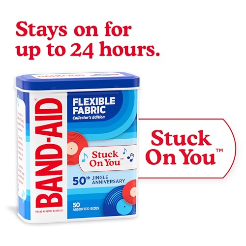 Image of BAND-AID Brand Flexible Fabric Adhesive Bandages, Comfortable Sterile Protection & Wound Care for Minor Cuts & Burns, First Aid Kit Essential, Jingle Anniversary Collectible Tin, Assorted Sizes, 50 Ct