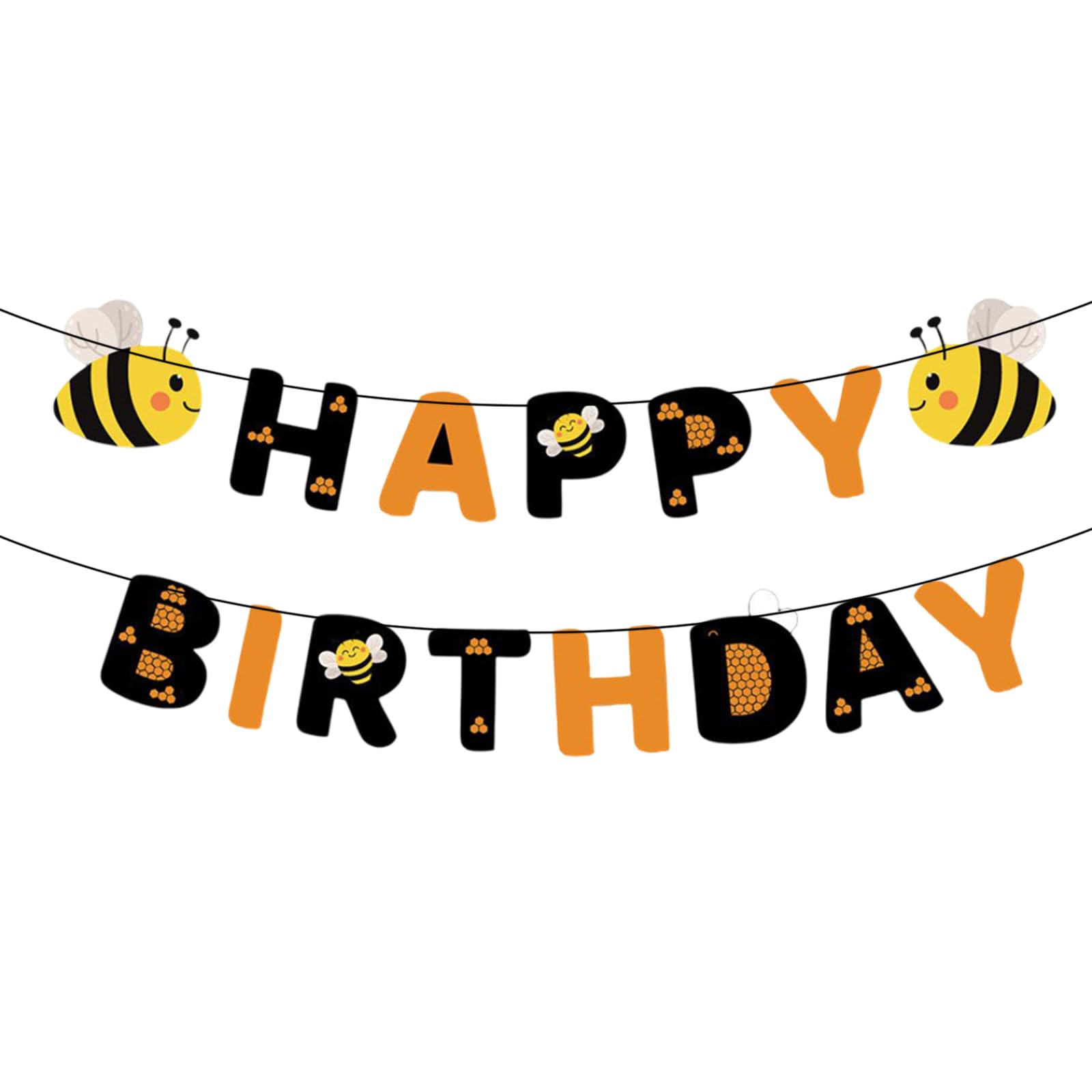 VBSYUYQ Bee Themed Happy Birthday Banner, Black and Orange Reusable Paper Bunting, Pre-Strung Birthday Party Decorations for Girls Boys Baby Shower Bee Themed Party Indoor Outdoor