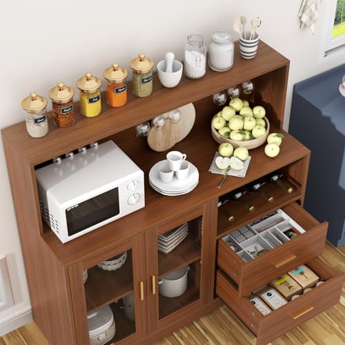Image of Bar Cabinet for Home with LED Light,Coffee Bar Cabinet w / Wine & Glass Rack | Kitchen Buffet Sideboard with Storage Cabinet&Drawers, Modern Liquor Cabinet for Living Room Dining Room (Brown)
