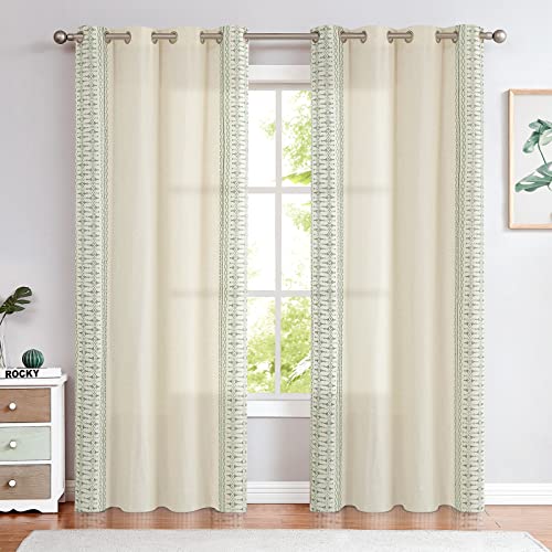 Jinchan Boho Curtains For Bedroom Linen Window Curtains Sage Green Embroidered Bordered Drapes For Living Room 84 Inch Length 2 Panels Bohemian Light Filtering Grommet Window Treatment Sage On Beige #TOP1