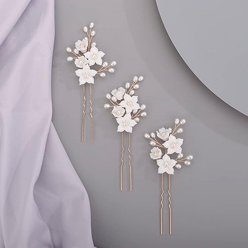 Miniatura 2 de BERYUAN Alfileres de pelo de hojas de flores nupciales para novia, mujeres, perlas delicadas, alfileres de pelo para niñas, color dorado (3 piezas)