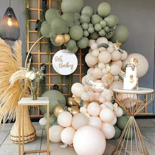 Image of PartyWoo Sage Green Balloon Arch Kit Garland 142pcs Different Sizes of 18 12 10 5 Inch Olive Dusty Boho Green Balloons for Baby Shower Graduation Jungle Woodland Dinosaur Birthday Party Decorations