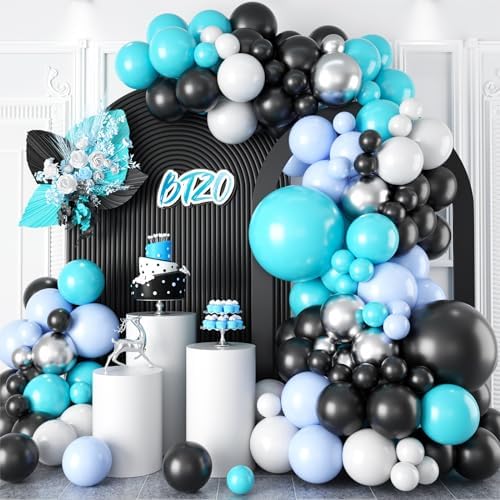 Black Blue Balloon Arch,BTZO Balloons Garland Kit With Teal Blue White Balloons Metallic Silver Balloons for Birthday Baby Shower Race Car Party Decorations