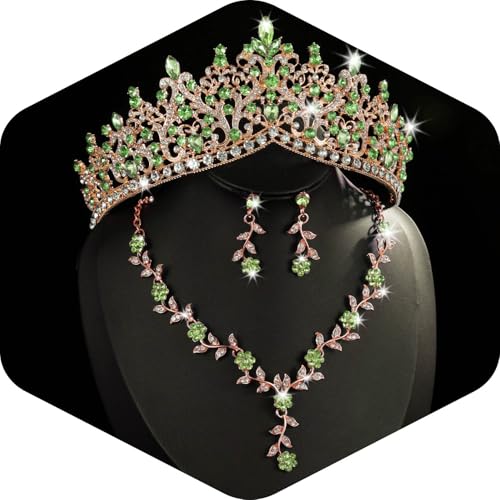 Kamirola Tiaras and Crowns for Women 3-pack Tiaras Earrings Necklace Crystal Bridal Jewelry Set Costume Party Halloween Prom Pageant Jewelry for Women(TR46) (Gold Light Green)