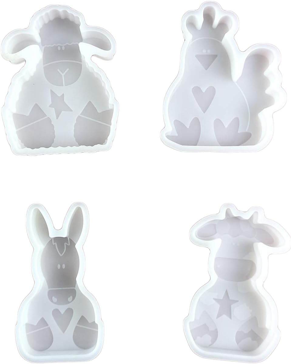 4Pcs Farm Animal Resin Molds, Animal Silicone Molds for Soy Wax Candle, Soap, Plaster, DIY Crafts, Sheep, Chick, Donkey, Cow