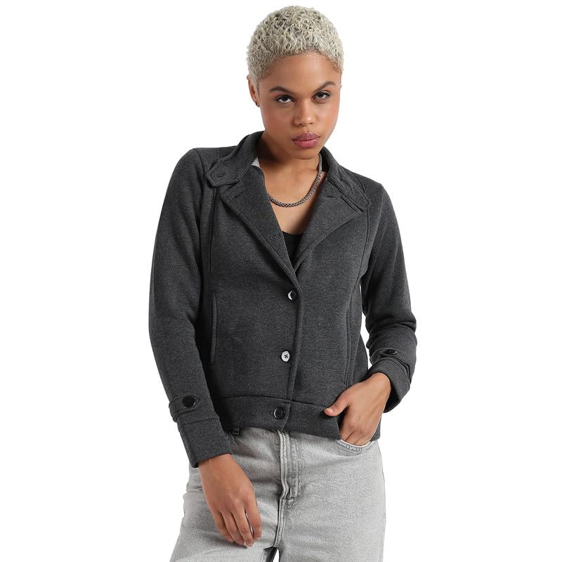 pinacolada Women's Charcoal Grey Single-Breasted Jacket With Insert Pocket | High Neck | Long Sleeve| Cotton Jacket Crafted With Comfort Fit For Everyday Wear (Size- S )-picture-10