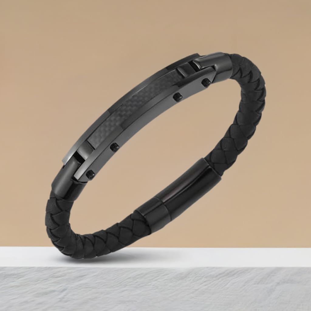 COOLSTEELANDBEYOND Mens Black Braided Leather Bangle Bracelet, Steel Centerpiece Inlaid with Carbon Fiber, Spring Clasp