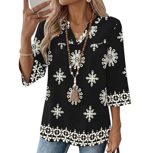 Rapbin Womens 3/4 Sleeve V Neck Boho Pleated Blouses for Women Dressy Casual Loose Fit Tops