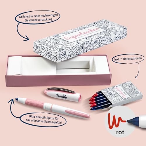 Stylo roller enseignant rechargeable Teachly rose avec 7 cartouches d'encre rouge