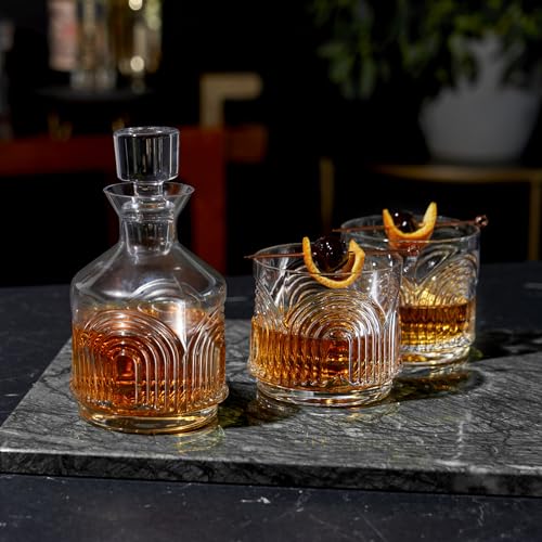 Viski Beau Stacking Decanter Set with Lowball Glasses - Crystal Decanter and Glasses for Whiskey - Art Deco Cocktail Glasses Whiskey Decanter Set of 3 by Viski - Image 5