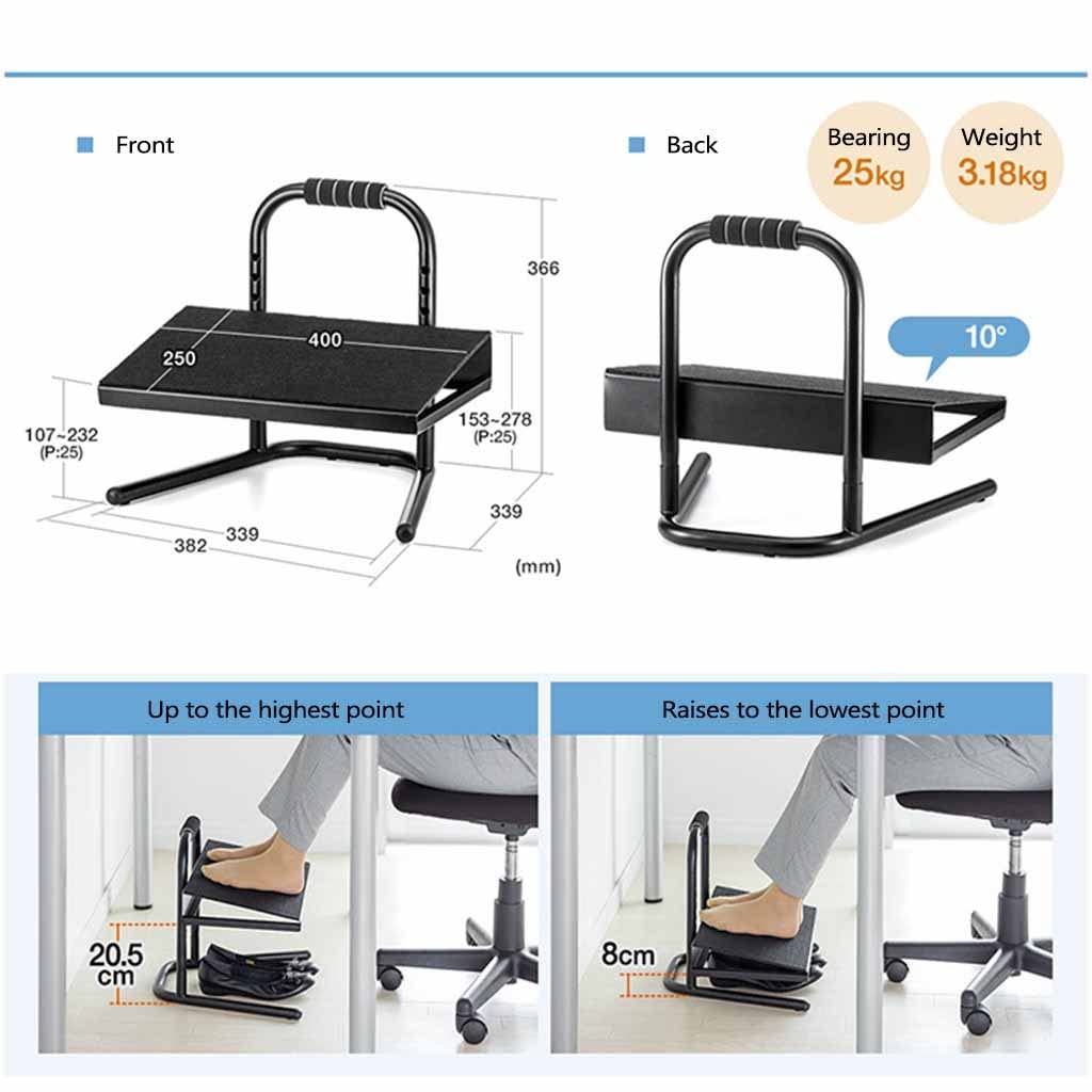 Reposapiés de pie, taburete ajustable de acero negro, con asa, seis ajustes de altura, para trabajo, escritorio, hogar y oficina