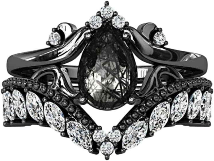 Black Gothic Wedding Ring Set, Pear Cut Black Rutilated Quartz, Crystal Crown Band, 2 Pieces