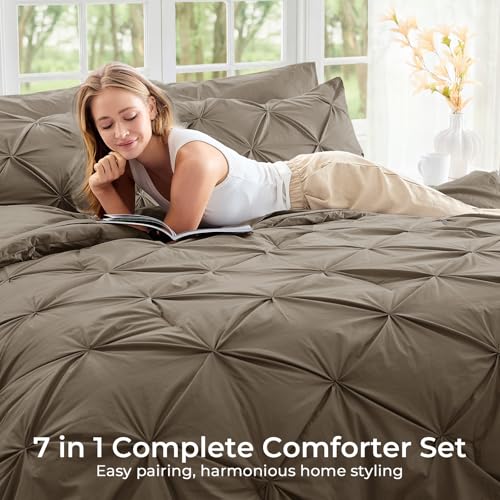 Image of Sasttie Queen Comforter Set, 7-Piece Bed in a Bag, Pintuck Bedding Sets for All Season, Includes Comforter, Flat Sheet, Fitted Sheet, Pillowcases and Pillowshams, Brown