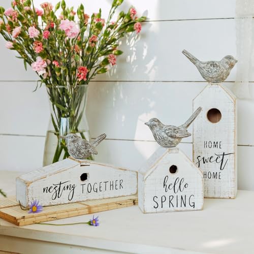 Synovana 3 Pcs Birdhouse Shaped Wooden Table Decor with Bird Ornament, Rustic Farmhouse Spring Decor for Shelf Mantel Desk Decoration, Housewarming Gift, Hello Spring, Nest Together, Home Sweet Home