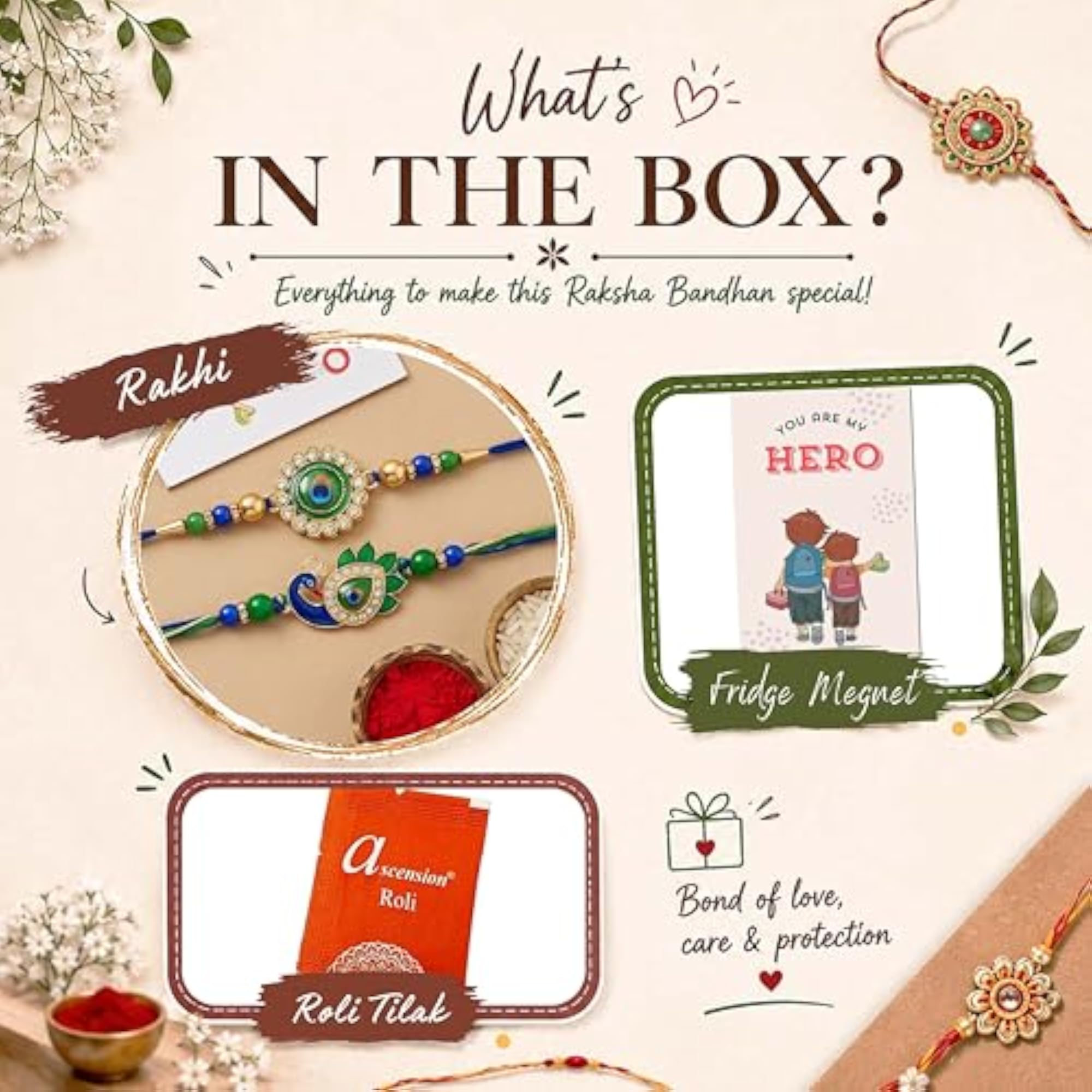 Set of 2 Peacock Designer Rakhis with Gift Magnet