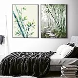  QITEX Poster One Piece Tableau murales Bambou chinois Aquarelle Vert Plantes Affiches Impressions Art Murale Image pour Salon Poèmes Decoration intérieure 40x60cmx2 (Sans cadre)
