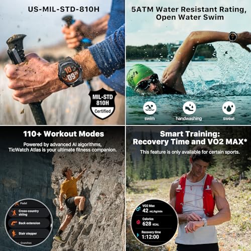 تيك واتش ساعة ذكية للرجال من اطلس بنظام تشغيل اندرويد وير او اس، بطارية تدوم لـ90 ساعة واكثر من 110 اوضاع للتمرين، خريطة حرارة، كشف السقوط، تتبع اللياقة البدنية، 5 ايه تي ام، بوصلة جي بي اس، غير