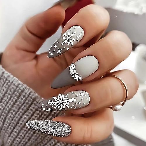 Christmas Artificial Fake Nails, Press on Nails Almond Medium Length, 24Pcs Glossy Full Cover Acrylic False Nails with Xmas Snowflake Rhinestone Designs, Stick on Fingernails for Winter(JP1906)
