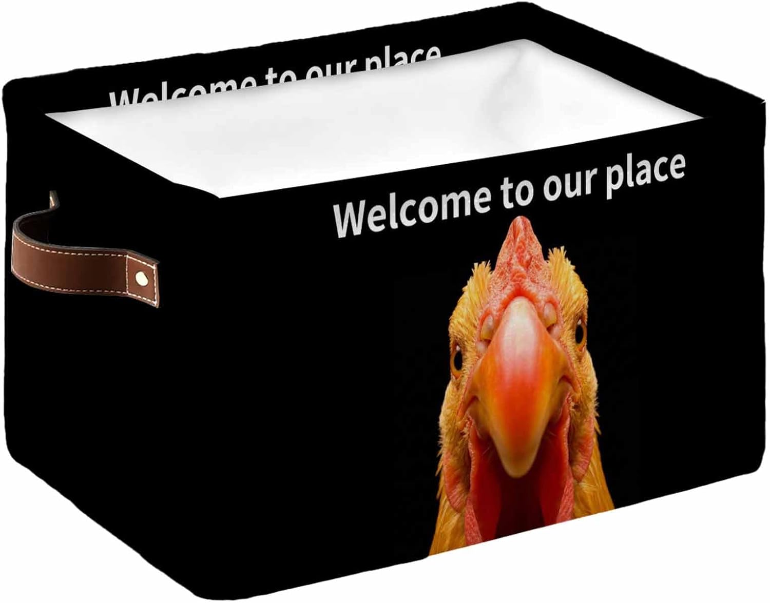 Funny Chicken Storage Basket for Shelves, Welcome To OUR Place Modern Retro Storage Cube Fabric Storage Bins, Closet Organizers with Handles for Book, Playing, Cloth, 15"x11"x9.5", 1 Pack