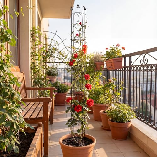 Novabright 1 Set Garden Trellis for Climbing Plants Outdoor 110\'\' H Metal Tall Plant Trellis Support for Potted Plants Climbing Houseplant Flower with Cable Ties, Nails, Plant Clips, Gloves for Vine