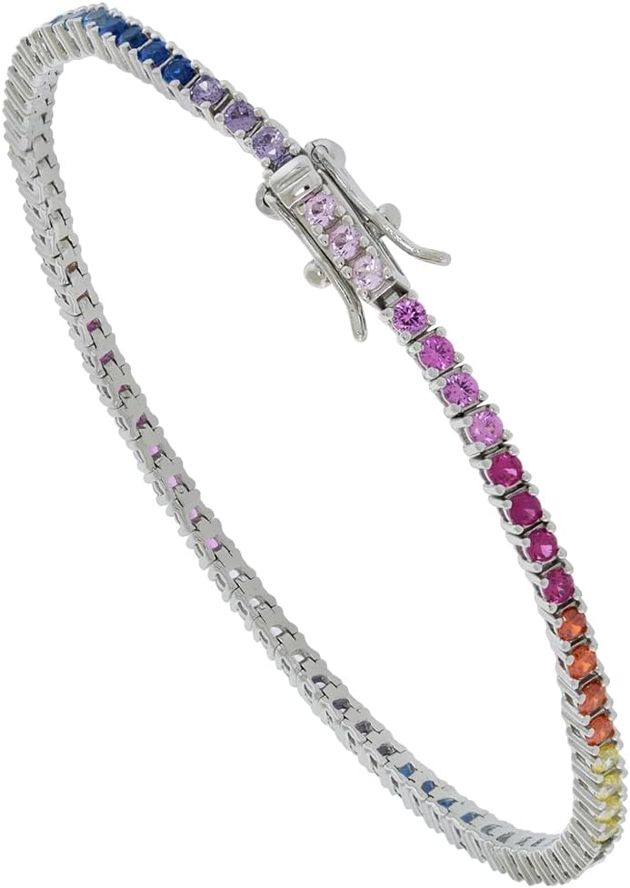 Sterling Silver CZ 2.5mm Rainbow Tennis Bracelet for Women Rhodium Finish 7 inch Long