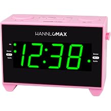 HANNLOMAX HX-132CR Alarm Clock Radio, USB-C Charger, Night Light Pink | FM Radio, Digital Clock, Dual Alarm, 1.2 Green LED Display, USB-C Port for Charging & USB Port for MP3 Playback