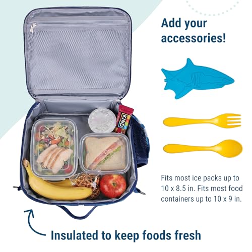 Image of Wildkin Kids ECO rPET Insulated Lunch Box - Keeps Food Hot or Cold, Easy-Clean Lining, Mesh Pockets & BPA-Free - Boys & Girls, Ideal for School, Travel & Daycare - Sharks