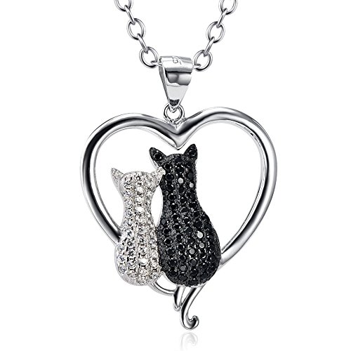 Two-tone 925 Sterling Silver Black and White Crystal Couple Cat Love Pendant Necklace, 18 Two-tone 925 Sterling Silver Black and White Crystal Couple Cat Love Pendant Necklace, 18