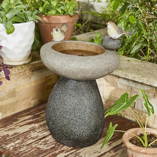 Image of Glitzhome 20.75 inch H Water Fountain with LED Light and Pump, Zen Style Faux Stone Texture Birdbath Outdoor Fountains with Birds Decor, Floor Fountain for Porch Deck Patio Backyard