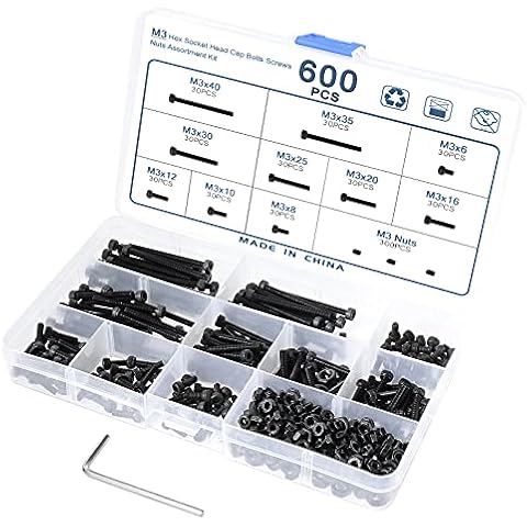 Booramy 600PCS M3 Hex Socket Screws Black Oxide Finish Screws 12.9 Carbon Steel Cylindrical Screws Assortment Kit with Hex Key Wrench 10 Sizes 6/8/10/12/16/20/25/30/35/40 mm Cover