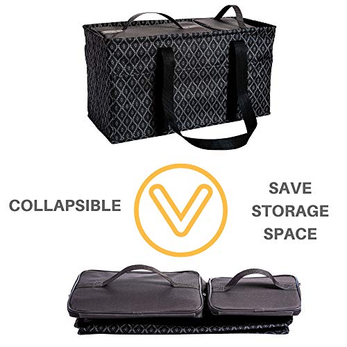 Large Utility Tote Bag With Handles, 2 Zippered Coolers, Heavy Duty Fabric - Beach Picnic Basket, Collapsible Grocery Cart, Insulated Lunch Bag for Work, Car Trunk Organizer For Women (Black Trellis)